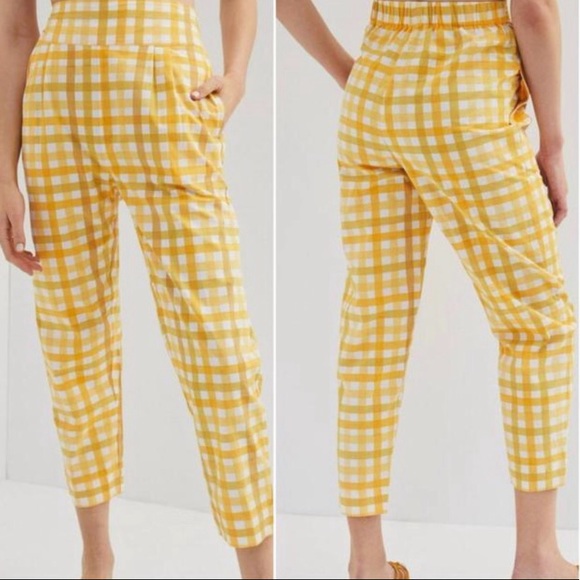 S/W/F x Anthropologie Jolie Gingham Med 8/10 Yellow Tapered Check Cropped Pants - Picture 5 of 9